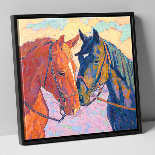 Vibrant Equine Bond horse portrait canvas wall art in black frame