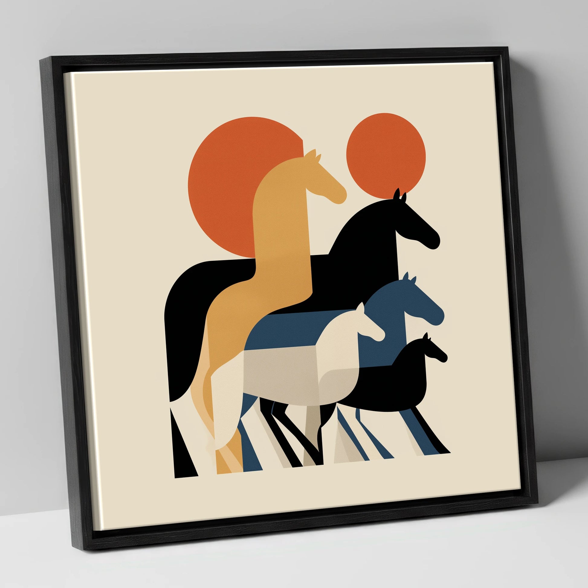 Geometric Sunrise Herd wild horses canvas wall art in black frame