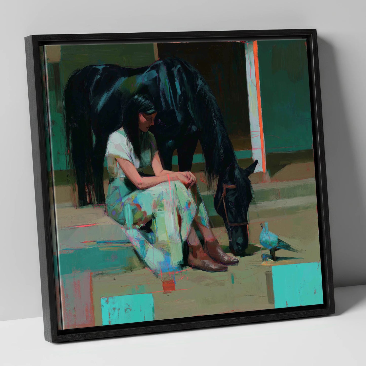 Stillness in the Yard horse & rider canvas wall art in black frame