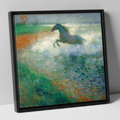 Luminous Surf Canter beach horse canvas wall art in black frame