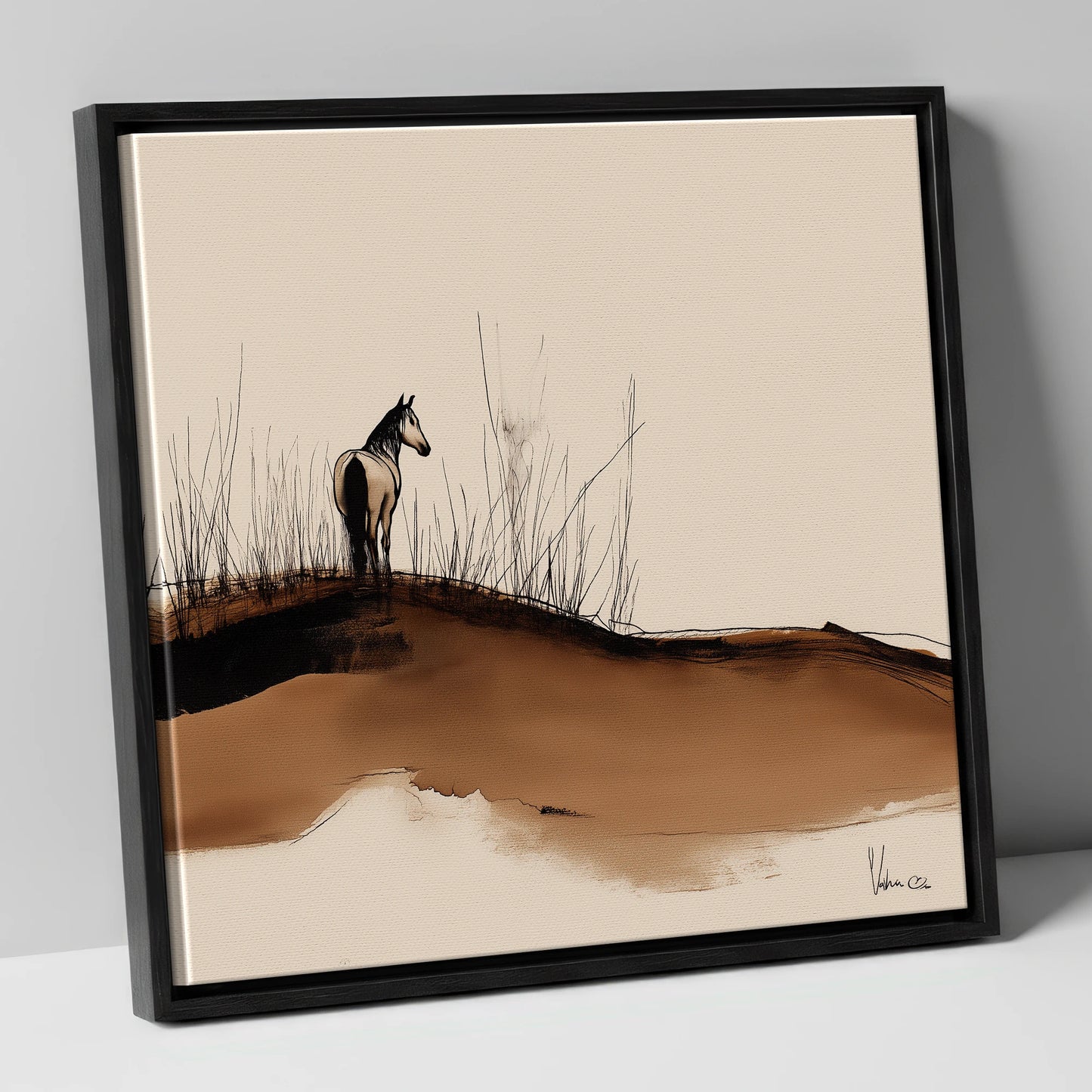 Solitude on the Ridge horse landscape canvas wall art in black frame