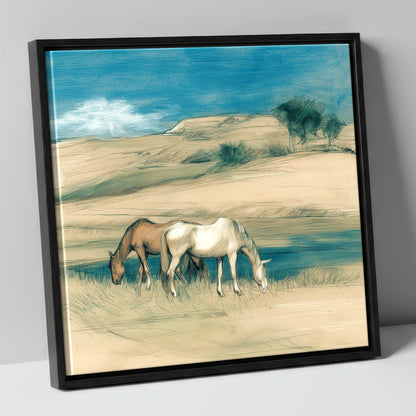 Quiet Companions horse landscape canvas wall art in black frame