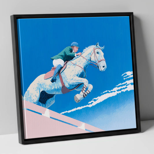 Airborne Over Blue show jumping horse canvas wall art in black frame