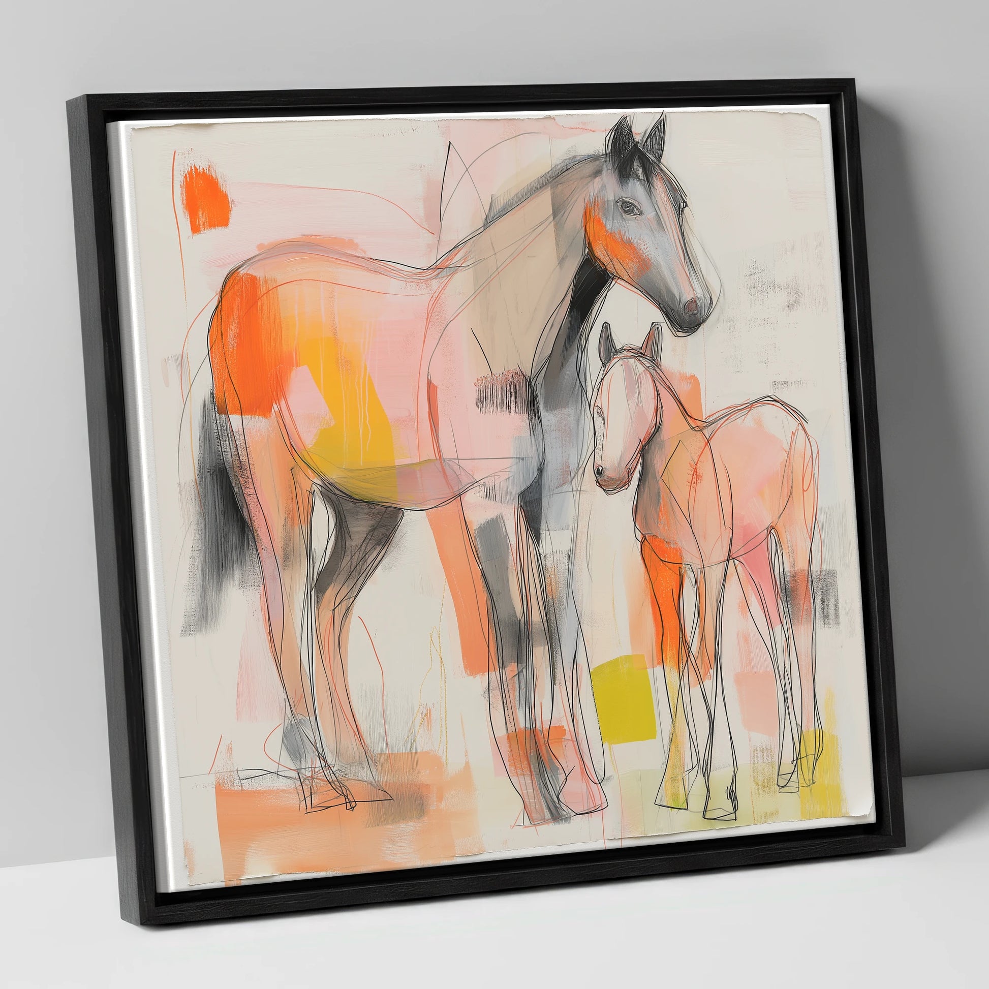 Radiant Beginnings mare & foal canvas wall art in black frame