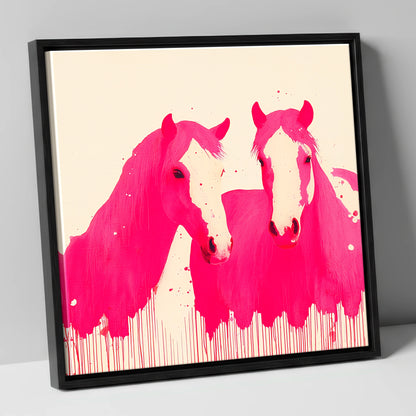 Vivid Magenta Pair horse landscape canvas wall art in black frame