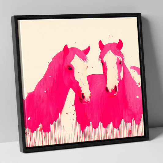 Vivid Magenta Pair horse landscape canvas wall art in black frame