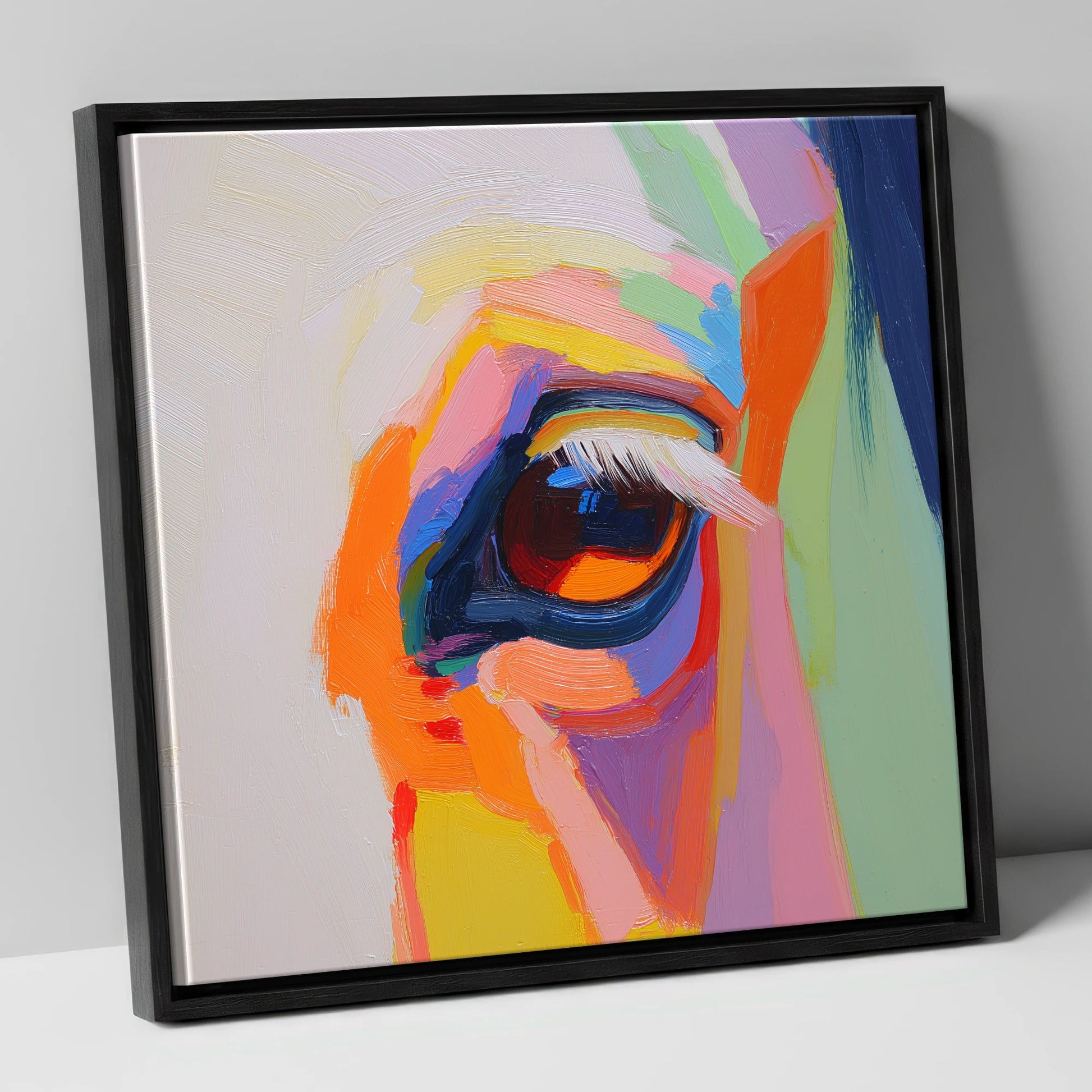 Kaleidoscopic Gaze horse portrait canvas wall art in black frame