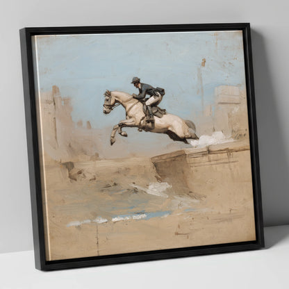 Clearing the Bank show jumping horse canvas wall art in black frame