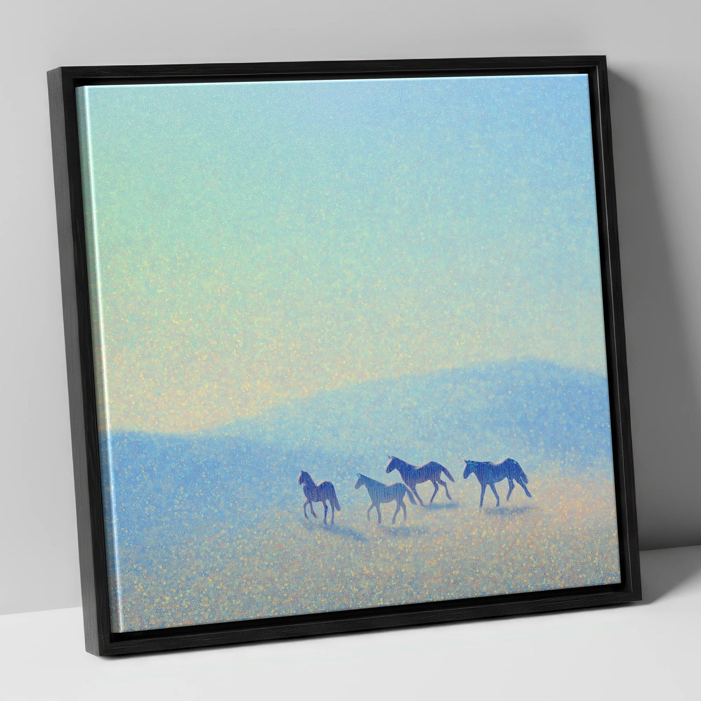 Ethereal Blue Herd wild horses canvas wall art in black frame