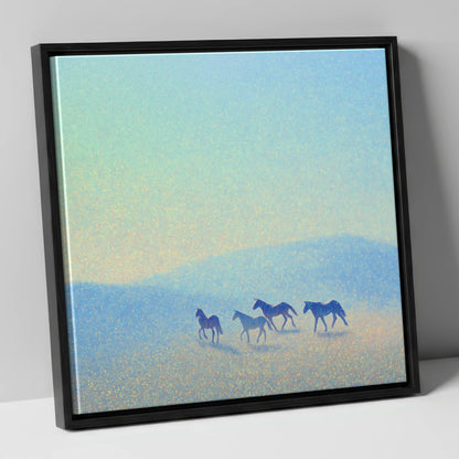 Ethereal Blue Herd wild horses canvas wall art in black frame