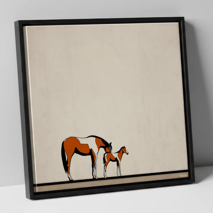 Quiet Moments mare & foal canvas wall art in black frame