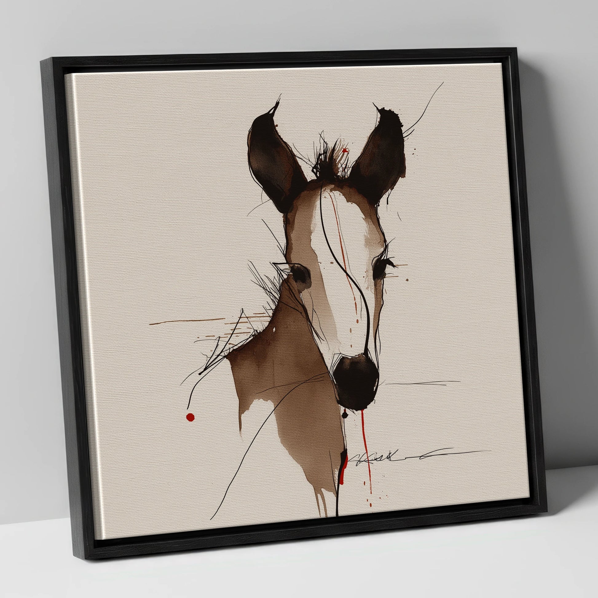 Delicate Ink Foal horse portrait canvas wall art in black frame