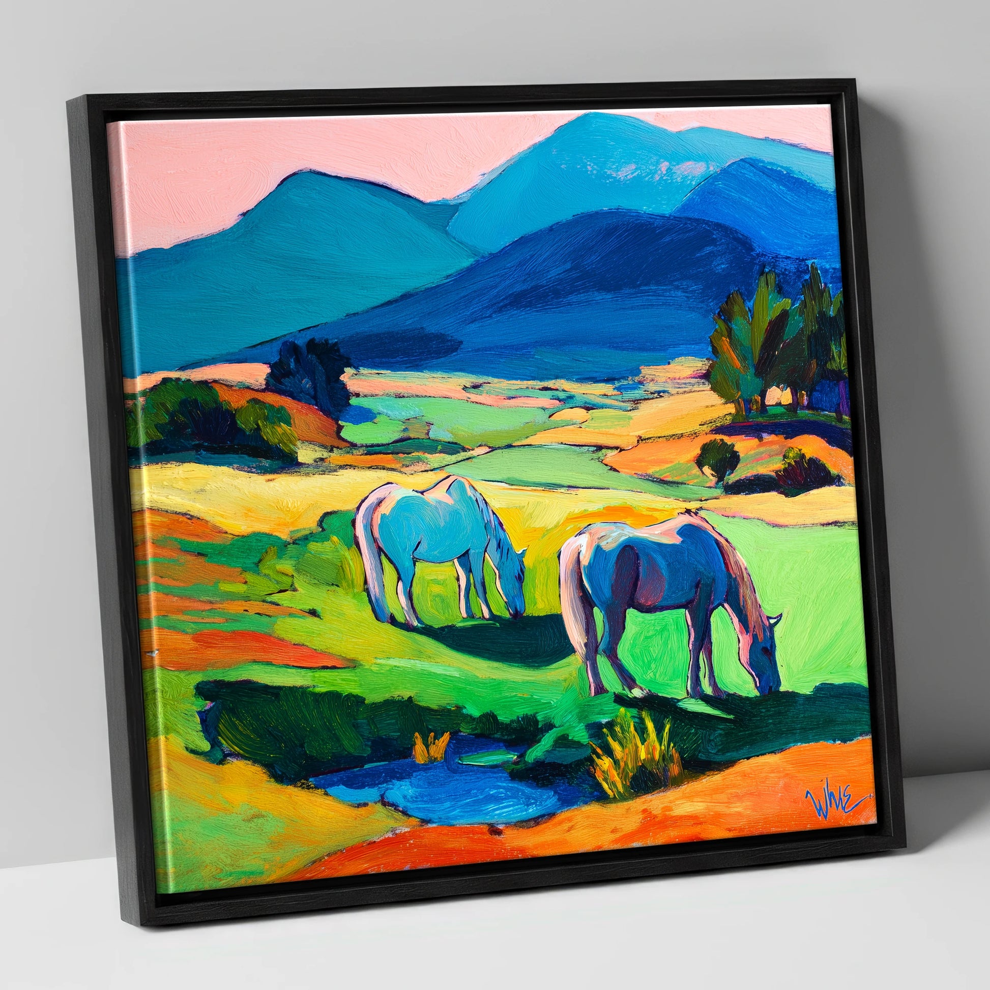 Painted Valley Grazing horse landscape canvas wall art in black frame