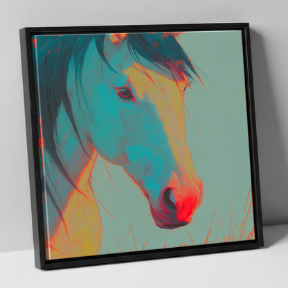Neon Equine Gaze horse portrait canvas wall art in black frame