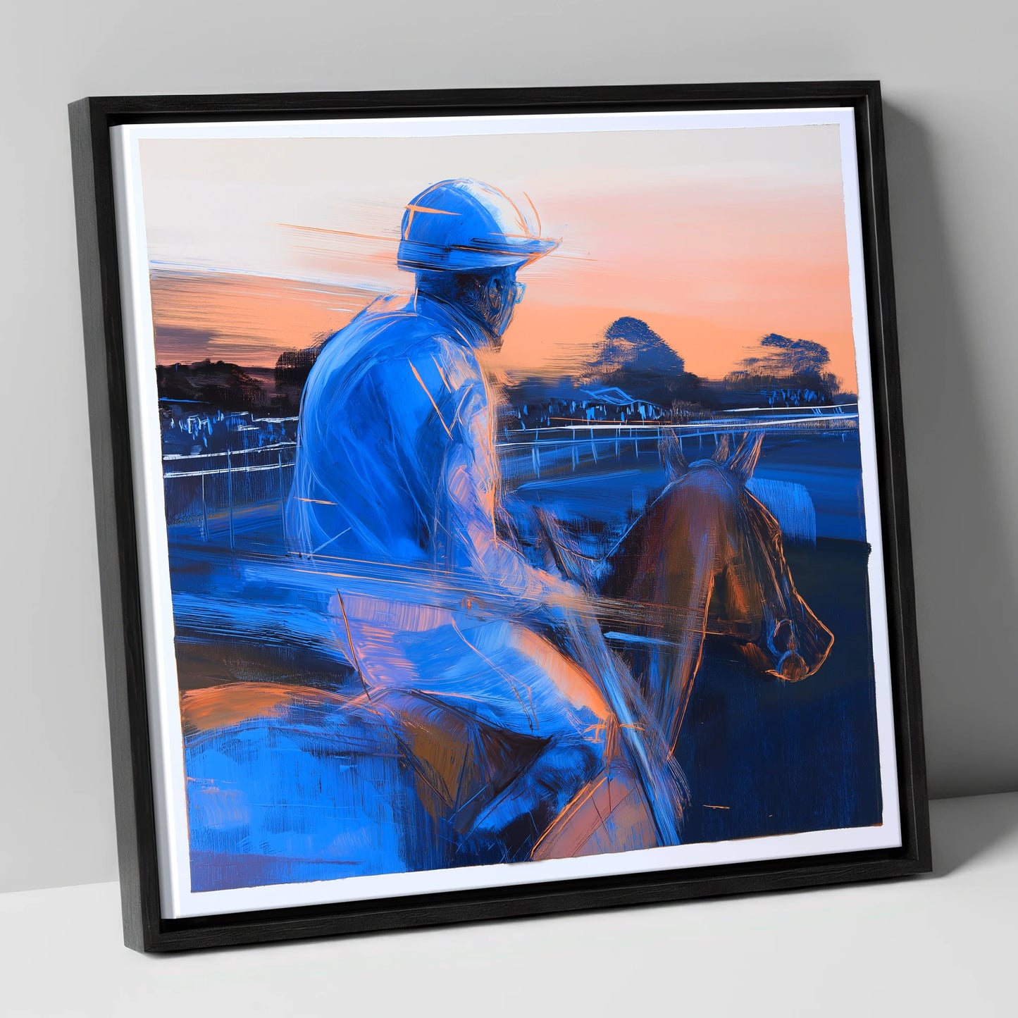 Dawn on the Gallops racing horse canvas wall art in black frame