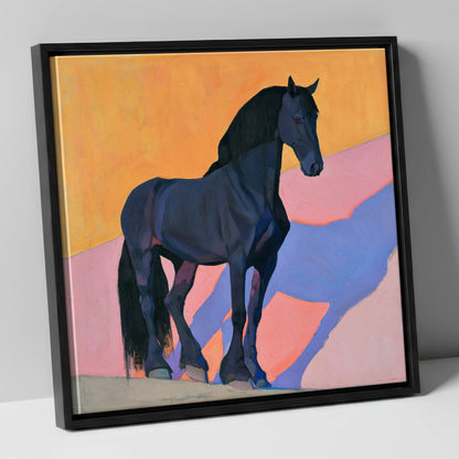 Black Friesian On Vibrant Orange horse breed canvas wall art in black frame