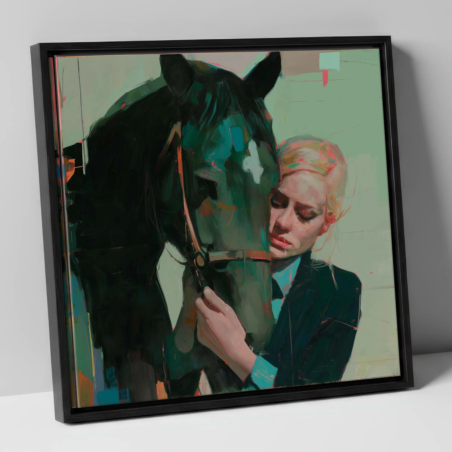 Quiet Connection horse & rider canvas wall art in black frame