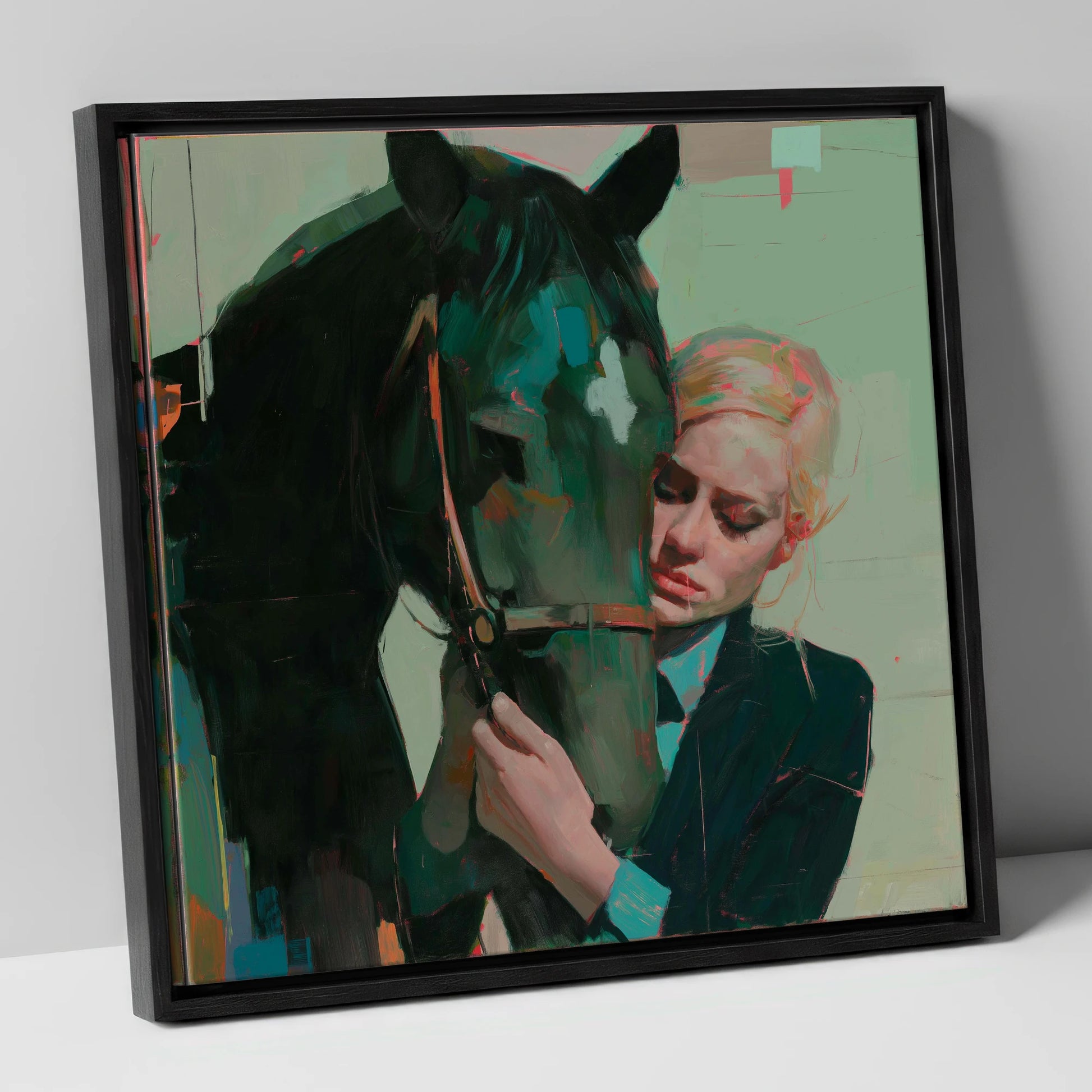 Quiet Connection horse & rider canvas wall art in black frame