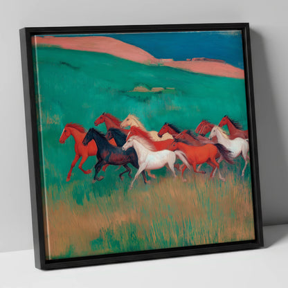 Crimson and Emerald Herd wild horses canvas wall art in black frame