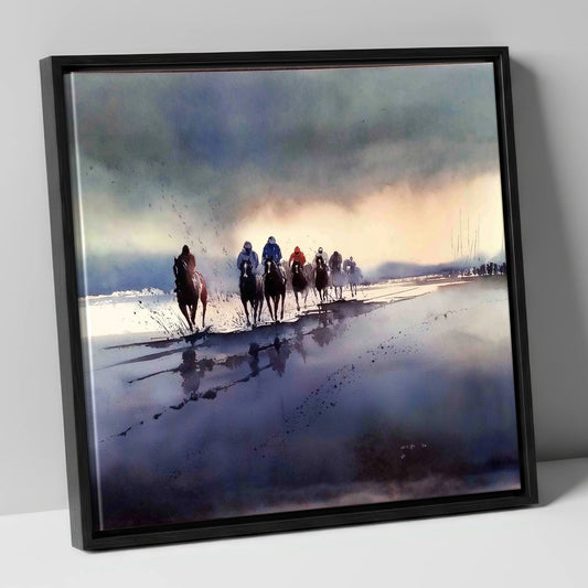 Morning Beach Gallops racing horse canvas wall art in black frame