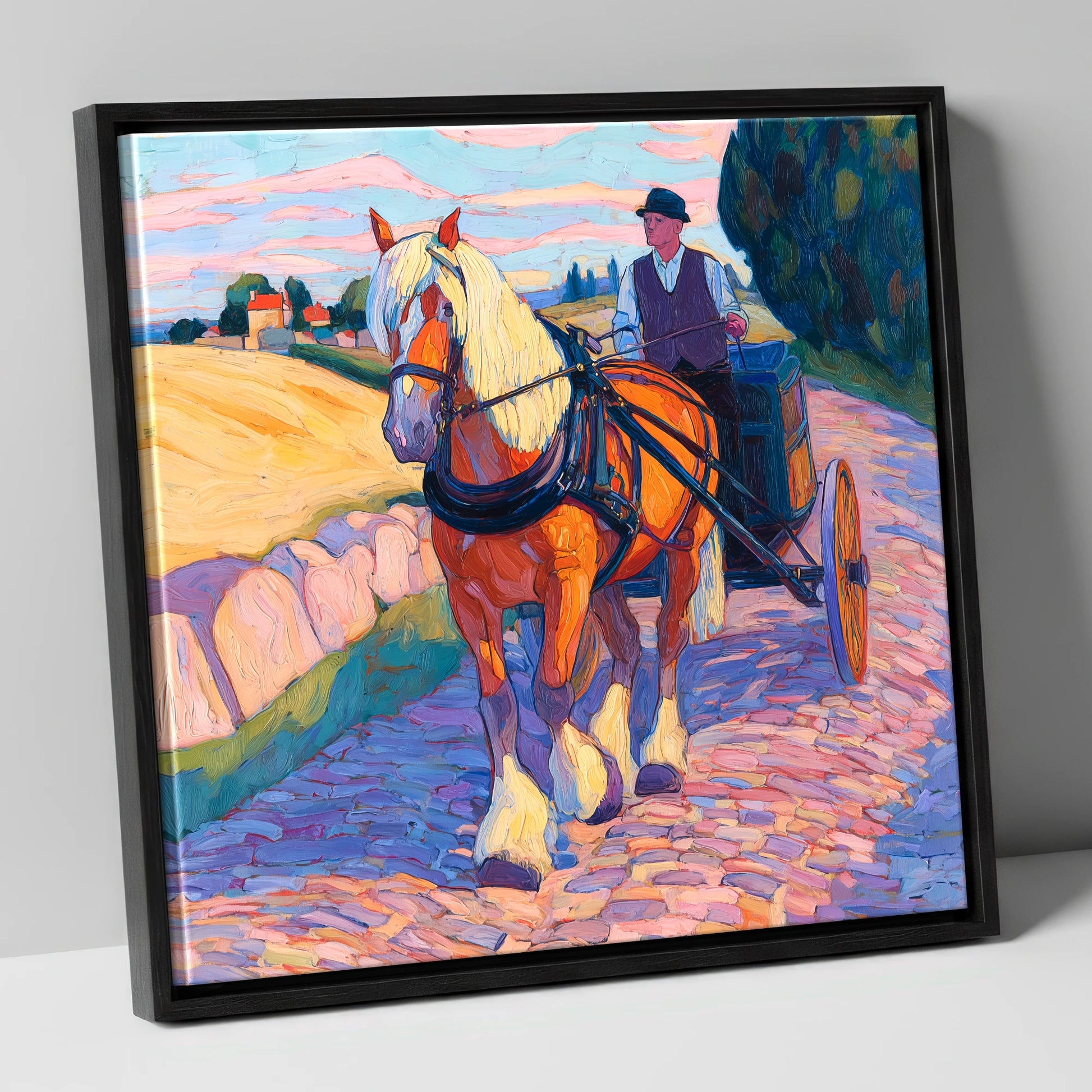 Evening Draught on Cobbles working horse canvas wall art in black frame