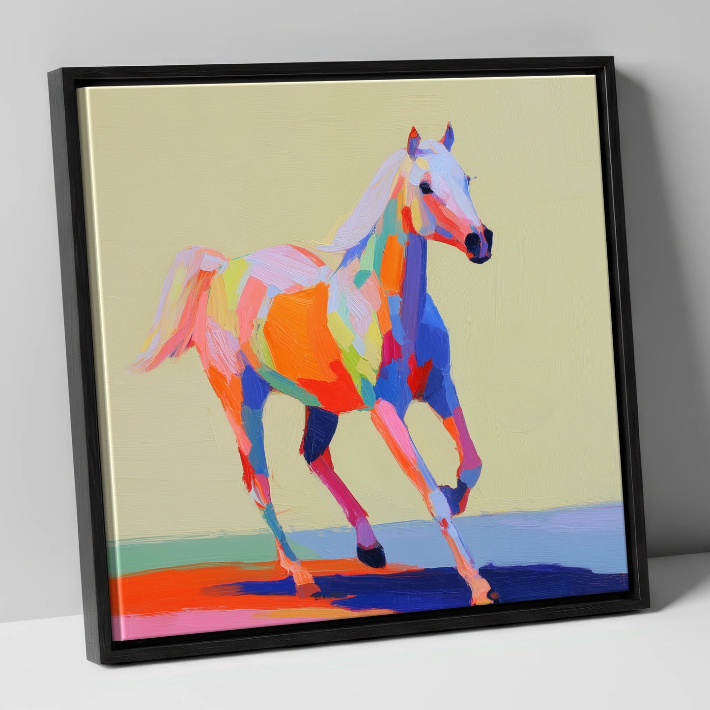 Prismatic Canter horse breed canvas wall art in black frame