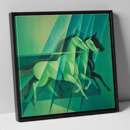 Emerald Rhythm racing horse canvas wall art in black frame
