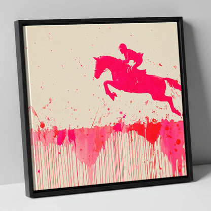 Magenta Flight show jumping horse canvas wall art in black frame