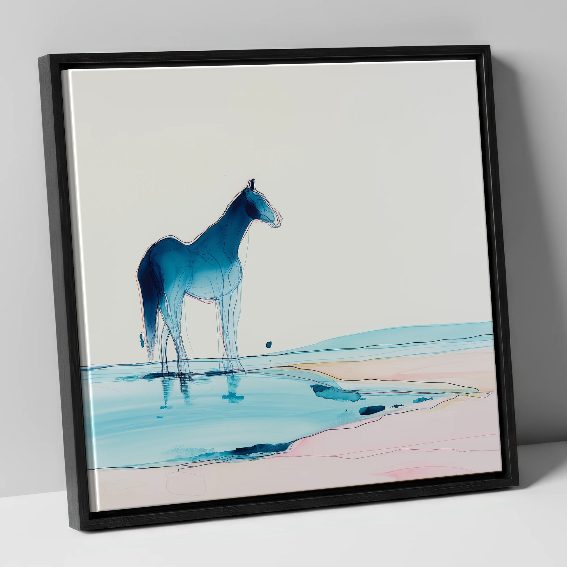 Ethereal Azure Equine horse landscape canvas wall art in black frame