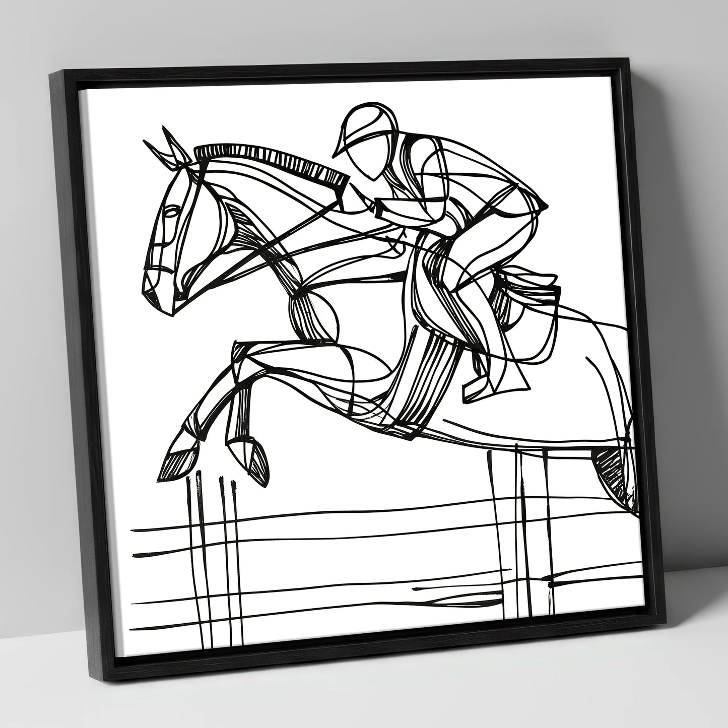 The Perfect Arc show jumping horse canvas wall art in black frame