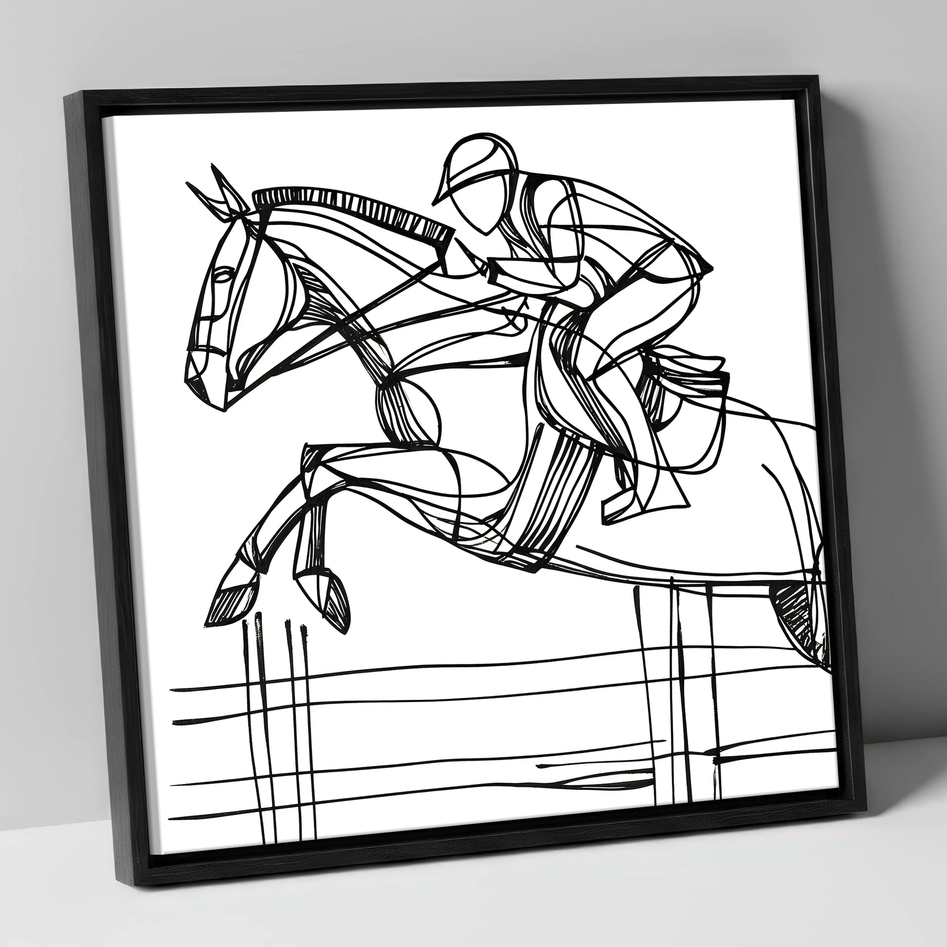 The Perfect Arc show jumping horse canvas wall art in black frame