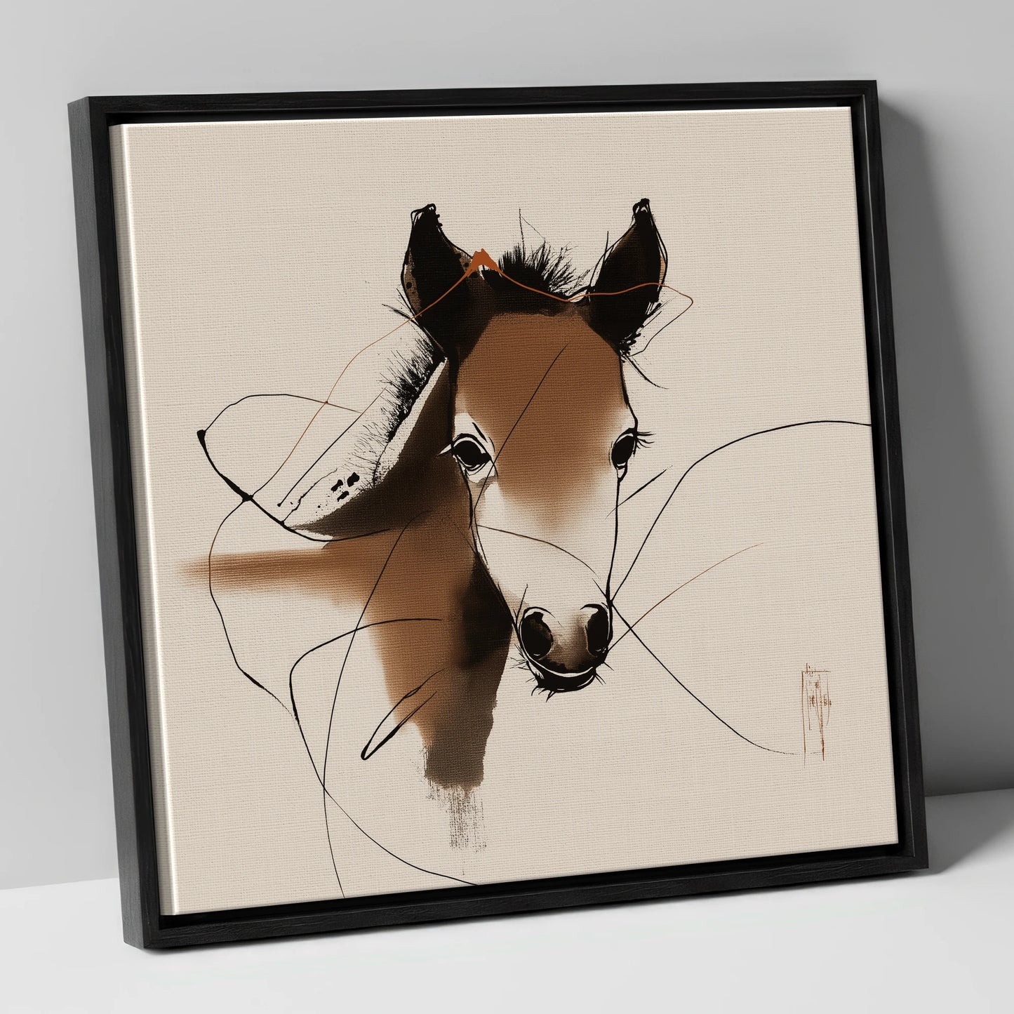 Curious Sepia Foal horse portrait canvas wall art in black frame