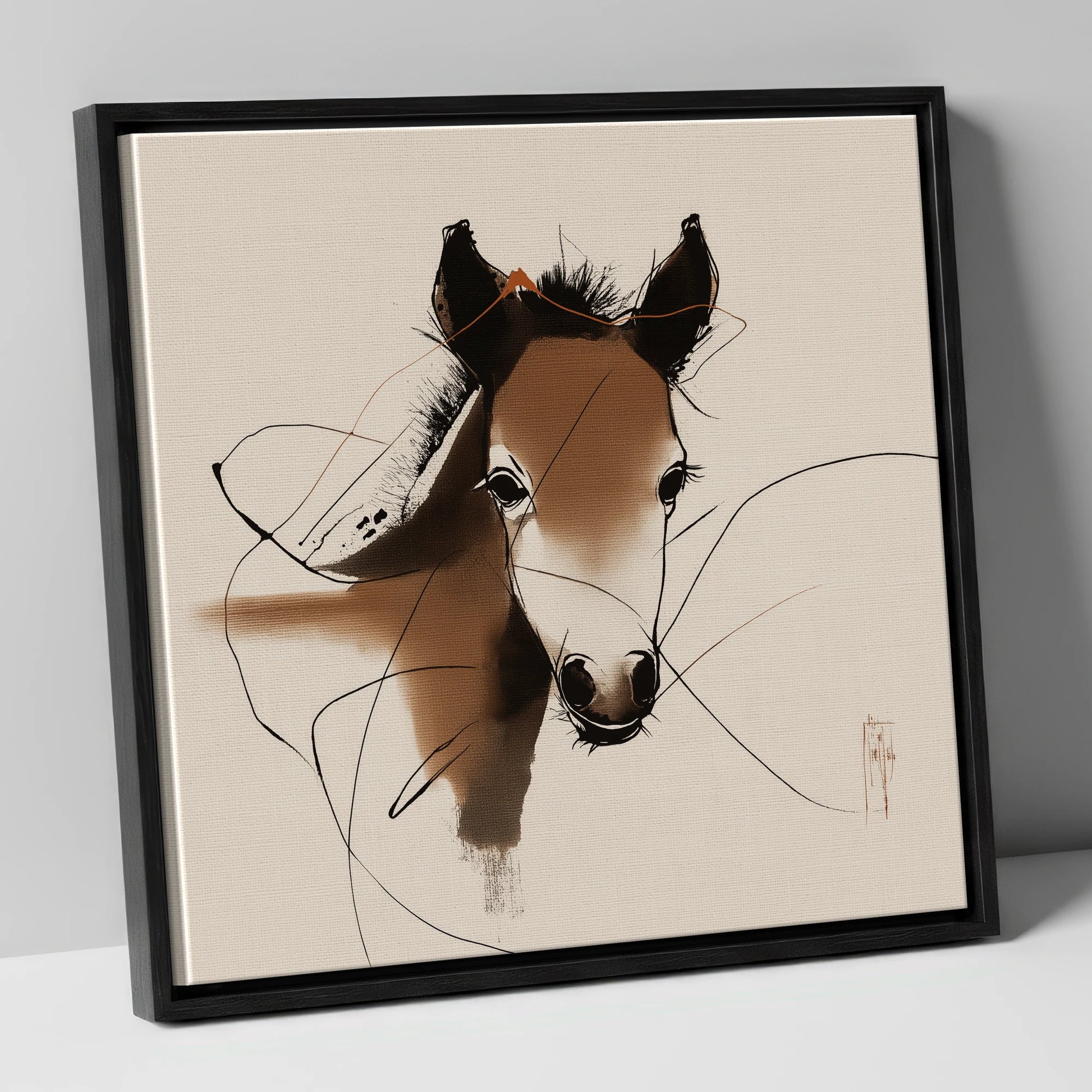 Curious Sepia Foal horse portrait canvas wall art in black frame