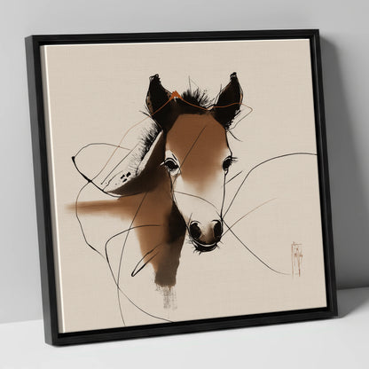 Curious Sepia Foal horse portrait canvas wall art in black frame