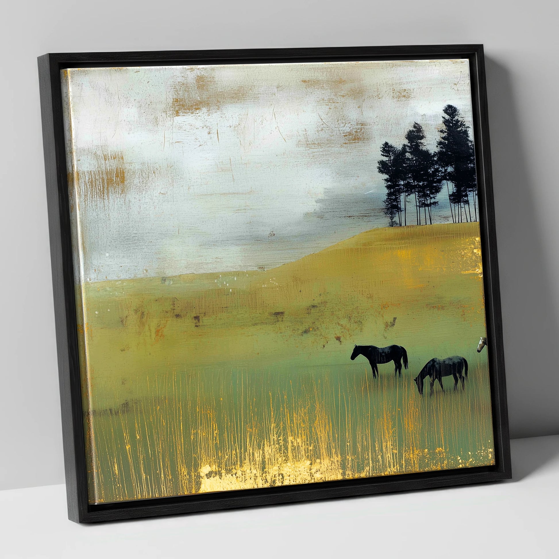Gilded Grazing wild horses canvas wall art in black frame