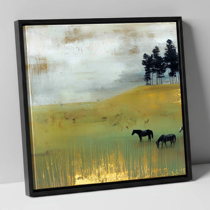 Gilded Grazing wild horses canvas wall art in black frame