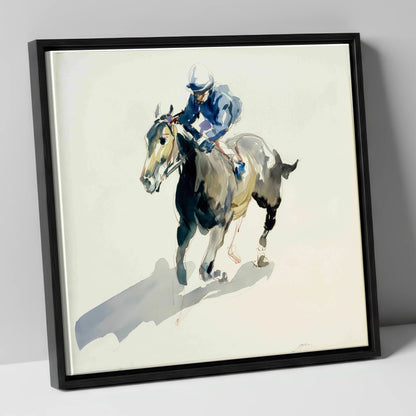 Mid-Stride in Indigo racing horse canvas wall art in black frame
