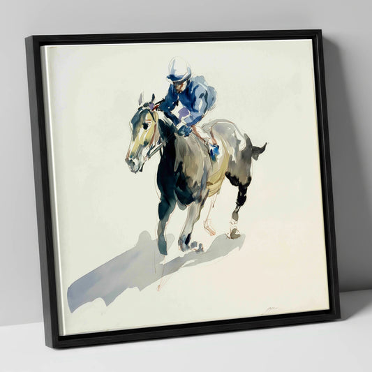Mid-Stride in Indigo racing horse canvas wall art in black frame