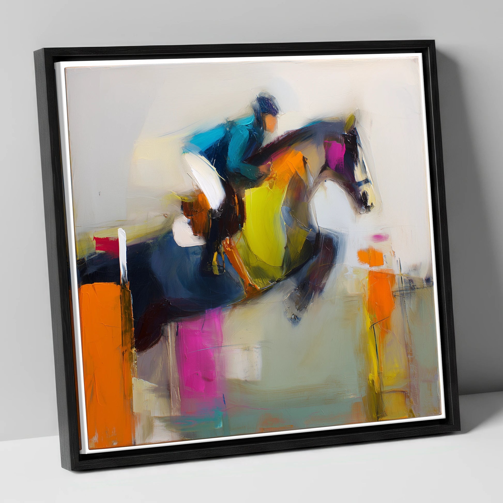 Dynamic Clear Round show jumping horse canvas wall art in black frame