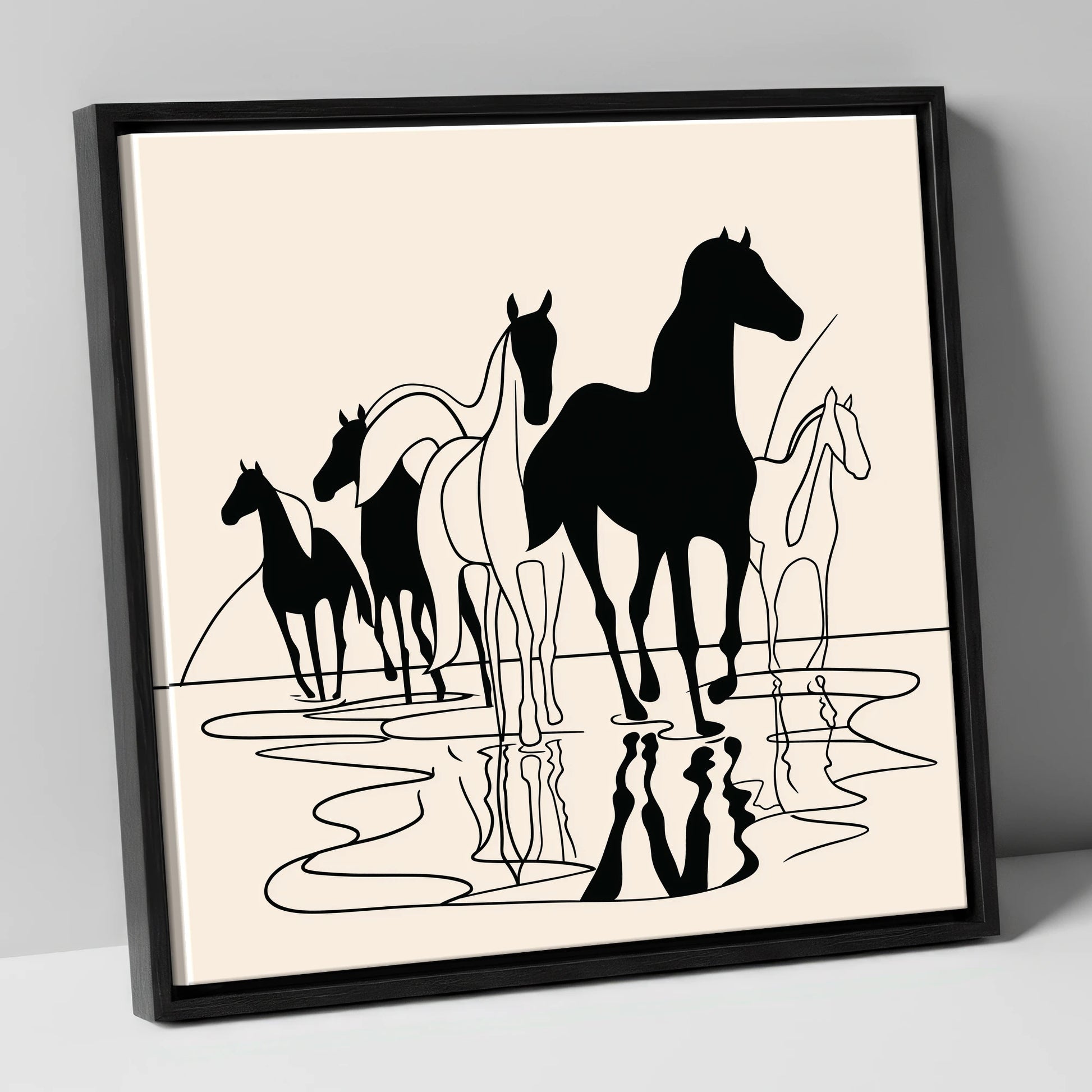 Ink Silhouettes at Water wild horses canvas wall art in black frame