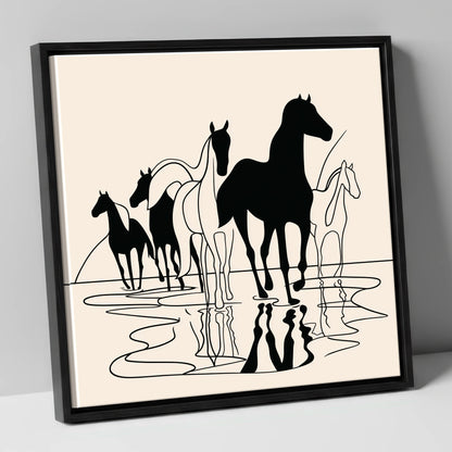 Ink Silhouettes at Water wild horses canvas wall art in black frame