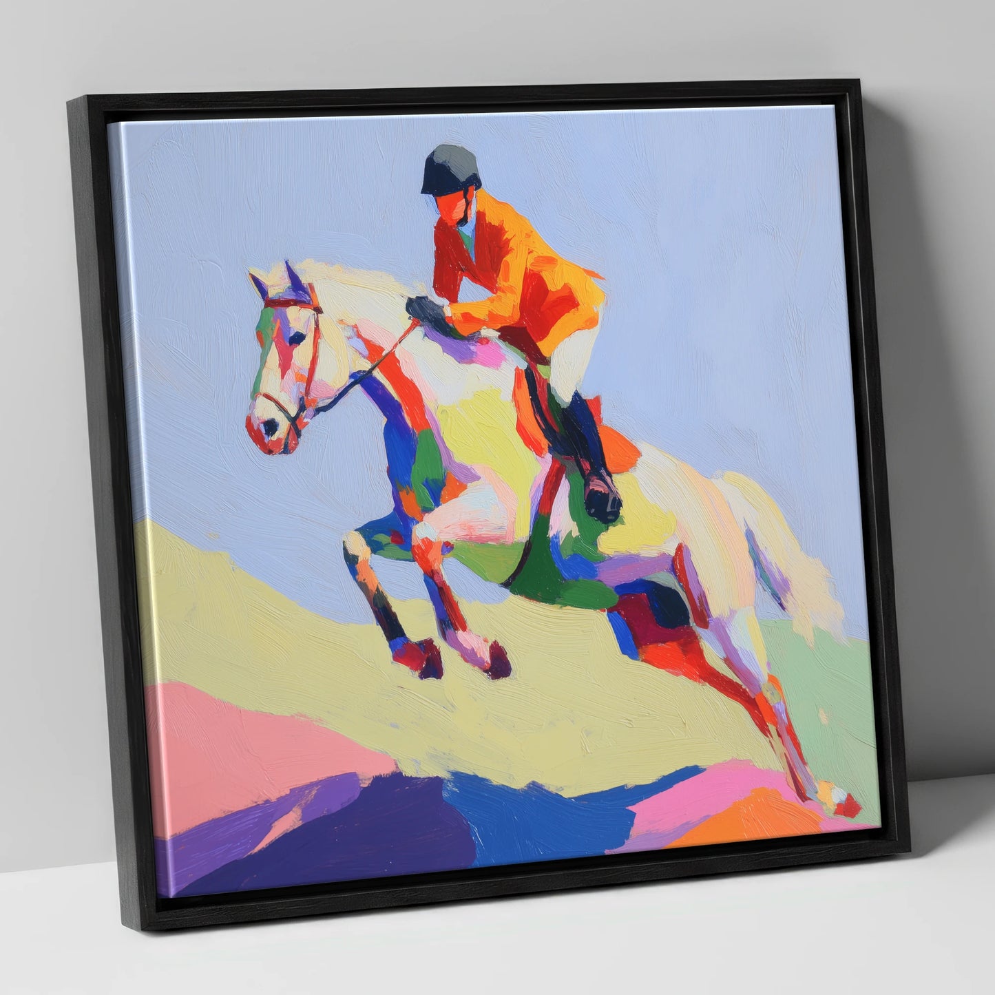 Technicolour Ascent show jumping horse canvas wall art in black frame