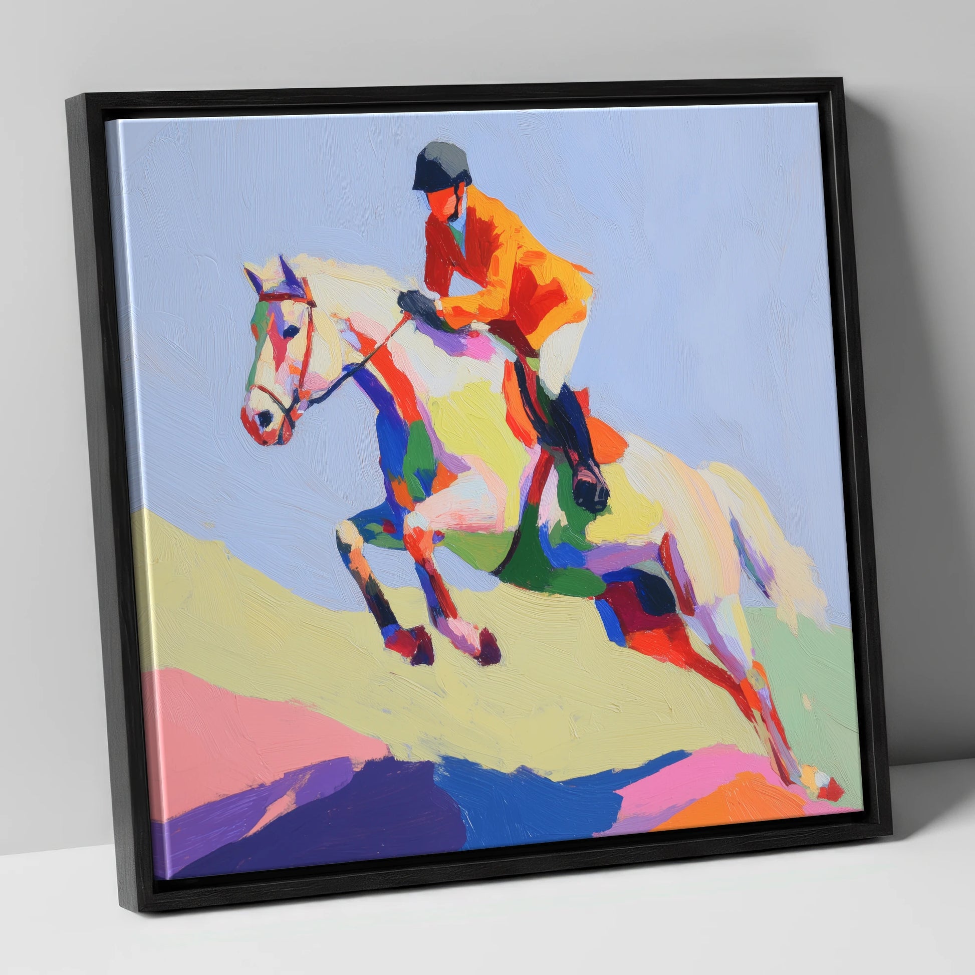Technicolour Ascent show jumping horse canvas wall art in black frame