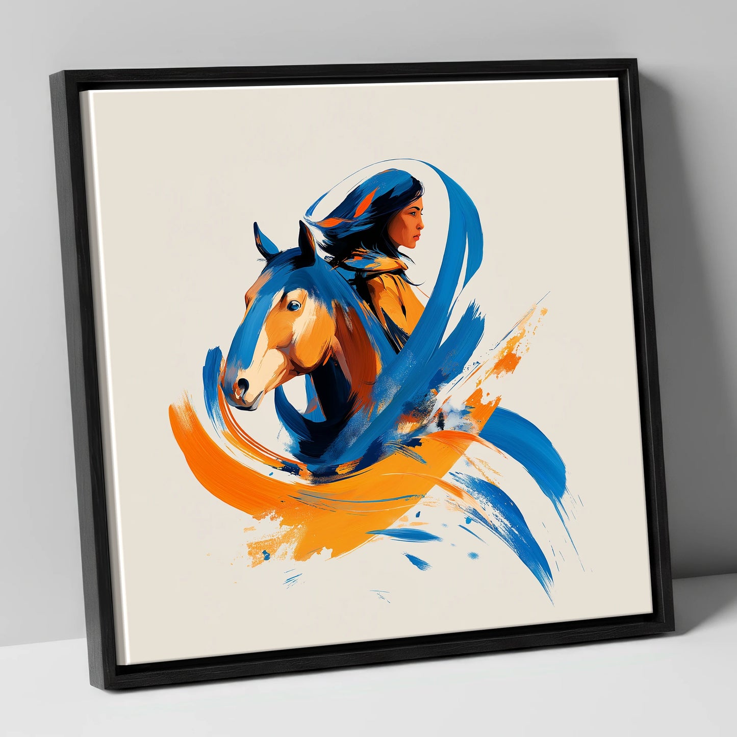 Spirits Entwined horse & rider canvas wall art in black frame