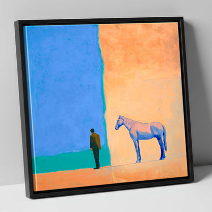 Between Blue and Sand horse & rider canvas wall art in black frame