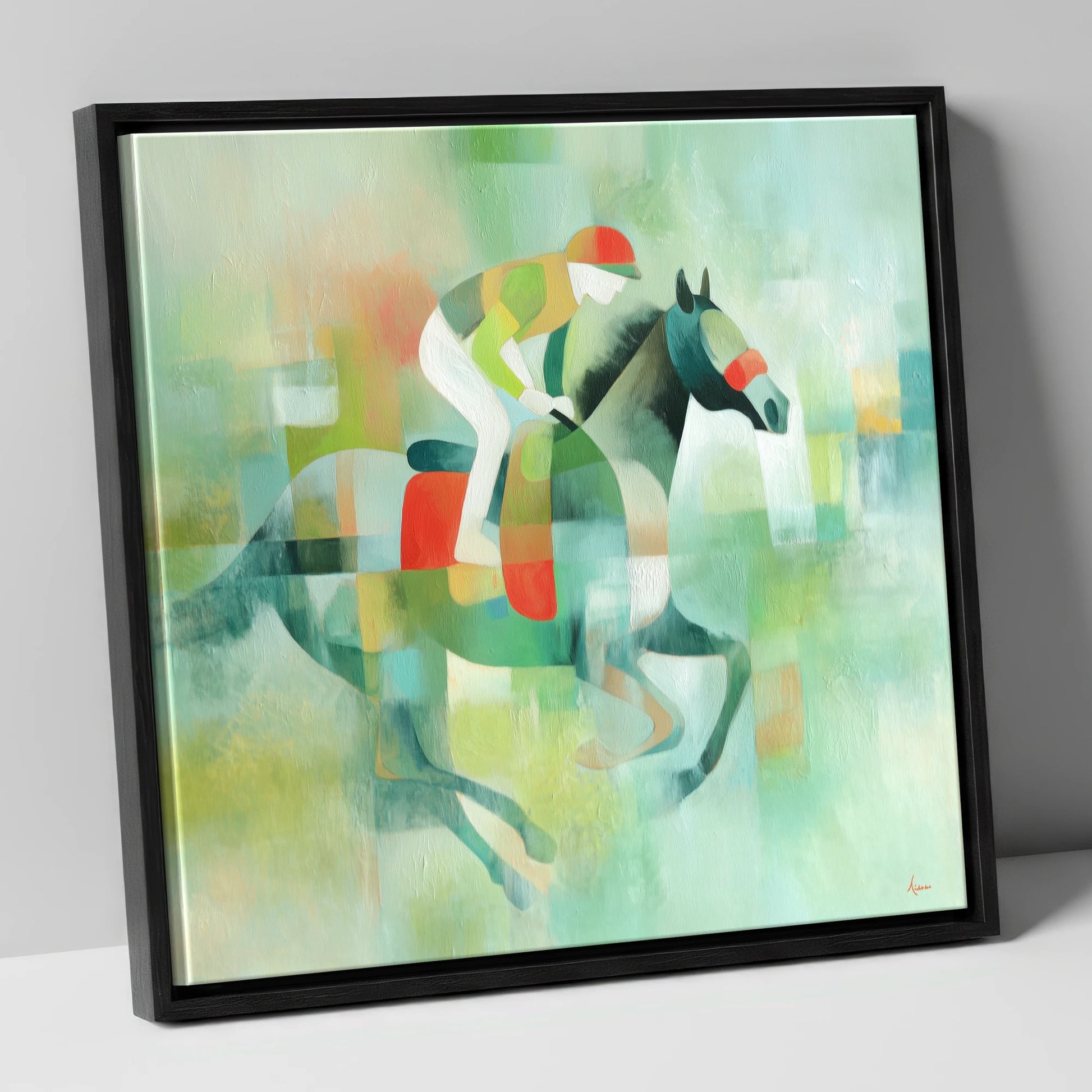 Abstract Turf Stride racing horse canvas wall art in black frame