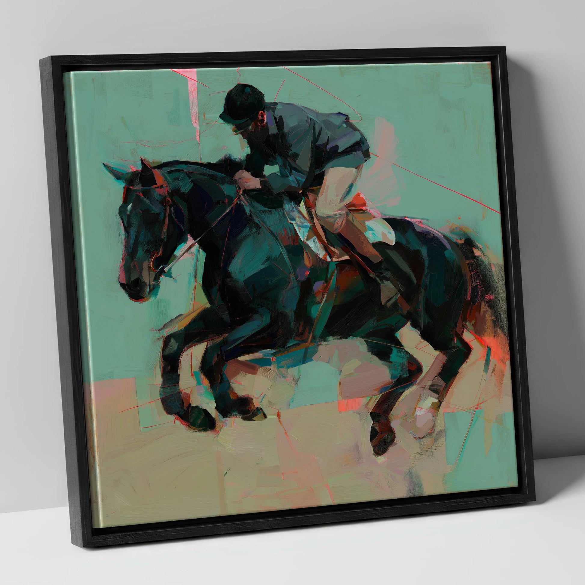 Modern Showjumper show jumping horse canvas wall art in black frame