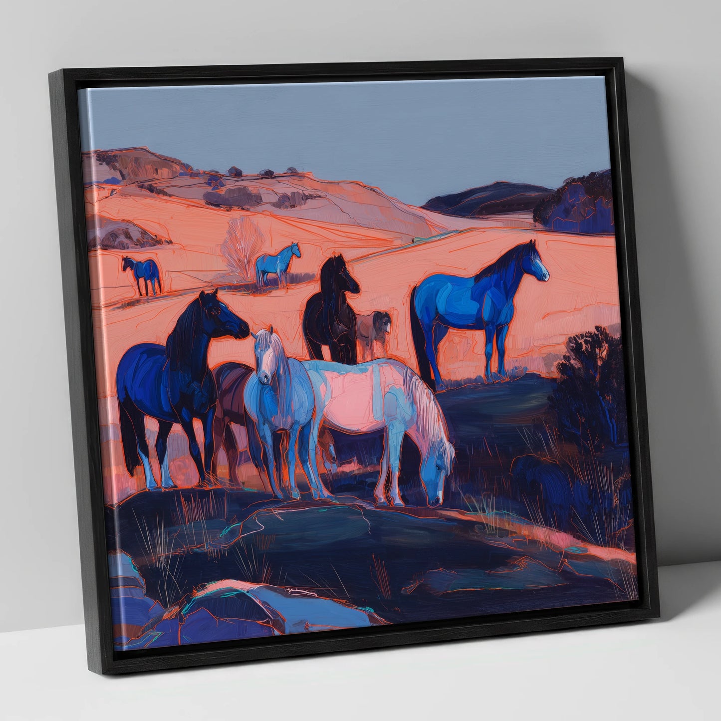 Indigo Herd at Dusk horse landscape canvas wall art in black frame