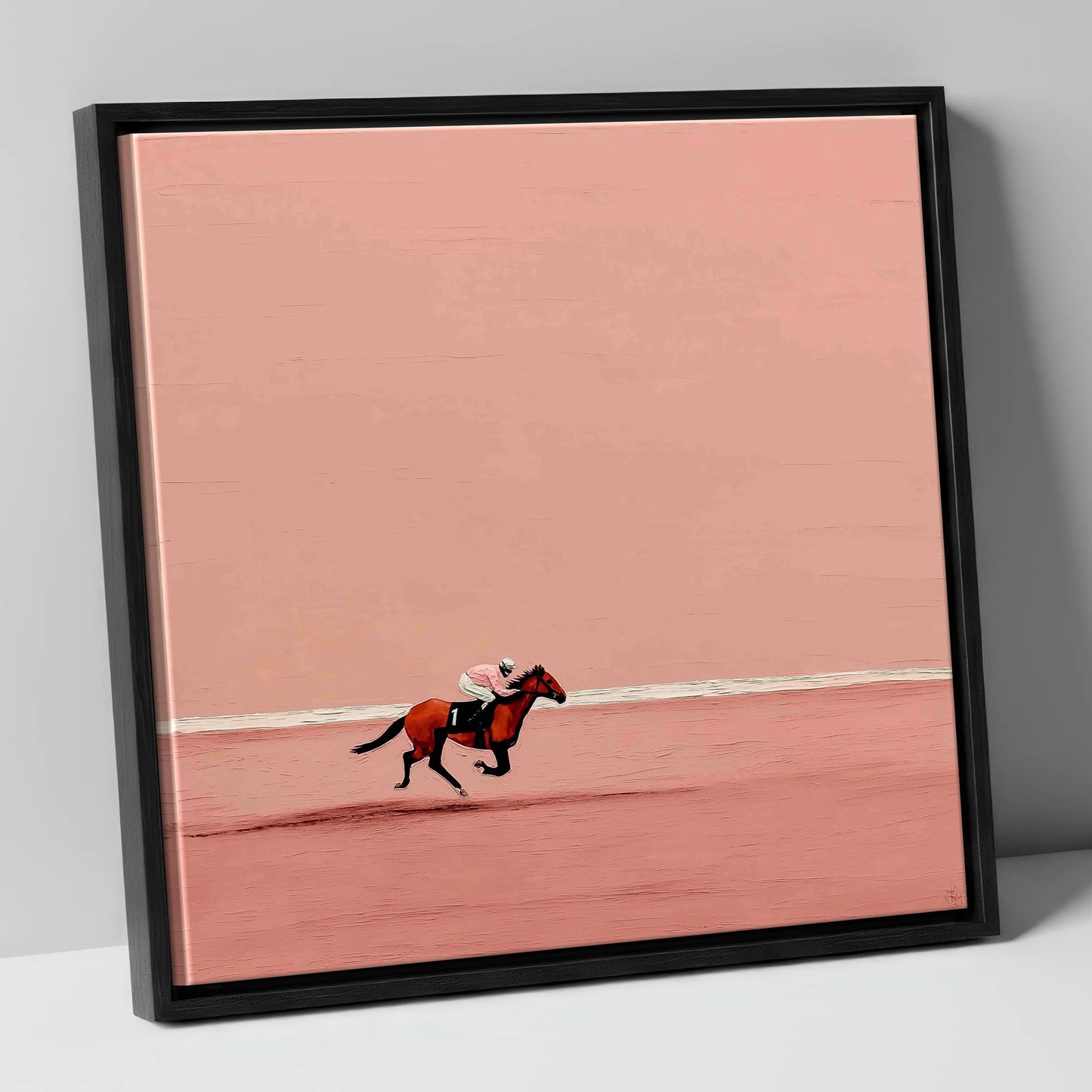 Dusty Rose Stretch racing horse canvas wall art in black frame
