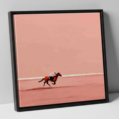 Dusty Rose Stretch racing horse canvas wall art in black frame
